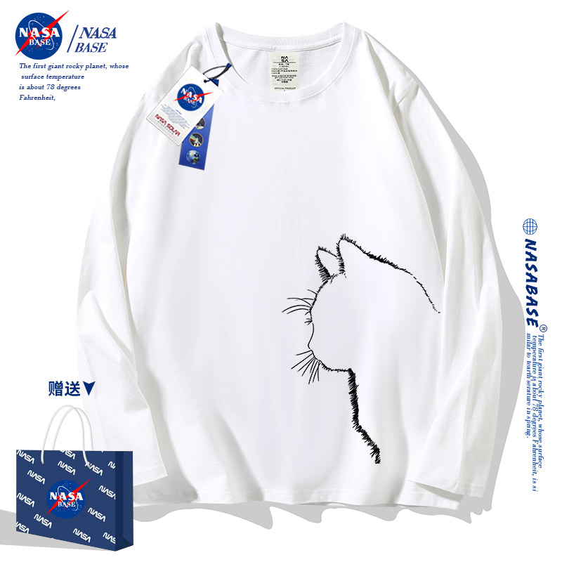 NASA联名白猫长袖t恤男潮牌2023新款ins潮流美式青少年春秋上衣服-图1