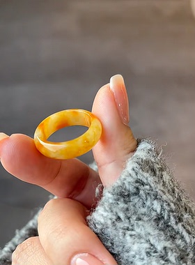 天然翡翠戒指黄翡戒指糯种黄飘红玉石指环福禄寿招财扳指