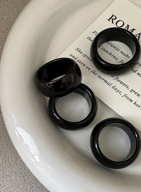 天然黑曜石戒指加宽扳指大码男女时尚高级感素圈指环戒圈