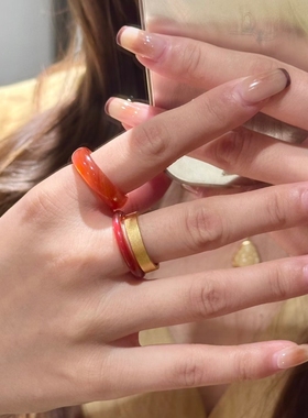 高级感车厘子红玛瑙玉石戒指素圈男女红色指环