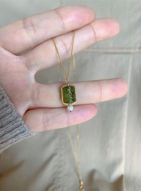 复古祖母绿色碧玺回纹珠项链高级简约新款轻奢设计气质时尚锁骨链