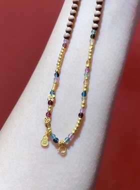 天然印度老山檀香4mm配糖果碧玺设计款百搭链万能链项链