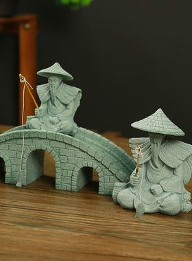 创意迷你姜太公垂钓茶宠青砂石趣味鱼缸摆设装饰茶道摆件中式造景