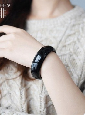 黑曜石手镯级天然女天然乌金黑耀石加宽加厚黑色水晶手环镯子-