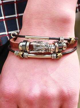 新款 民族风专供手链中国风元素龙头牛皮手链多根皮绳手链男高级