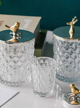 美式轻奢鹿头装饰摆件客厅装饰品玻璃储物罐糖果罐 牙签罐 棉签罐