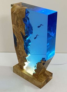 手工创意实木树脂灯海洋潜水员桌面摆件艺术小夜灯氛围灯礼物饰品