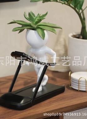 新款跨境白色健身小人花盆肉贴工艺品多家居装饰树脂摆件盆栽