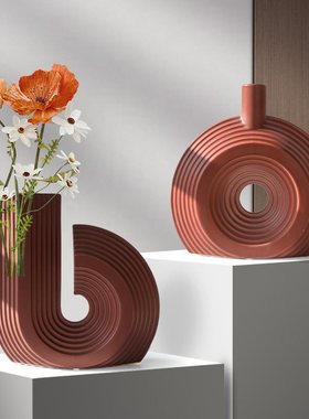 意式极简黑白陶瓷装饰品器样板间花瓶创意干花家居摆件异型花管道