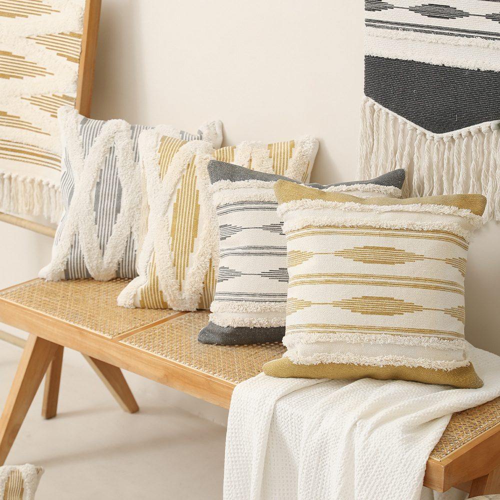 北欧风简约条纹沙发抱靠靠垫印花办公枕套家居编织簇绒复古棉线腰,淘宝优惠券,粉丝福利购,淘宝优惠卷