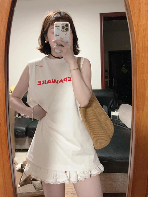 Korean style waistcoat sleeveless white shoulder T-shirt for women summer