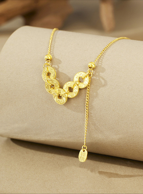 S925纯银镀金碎碎冰五帝钱币项链