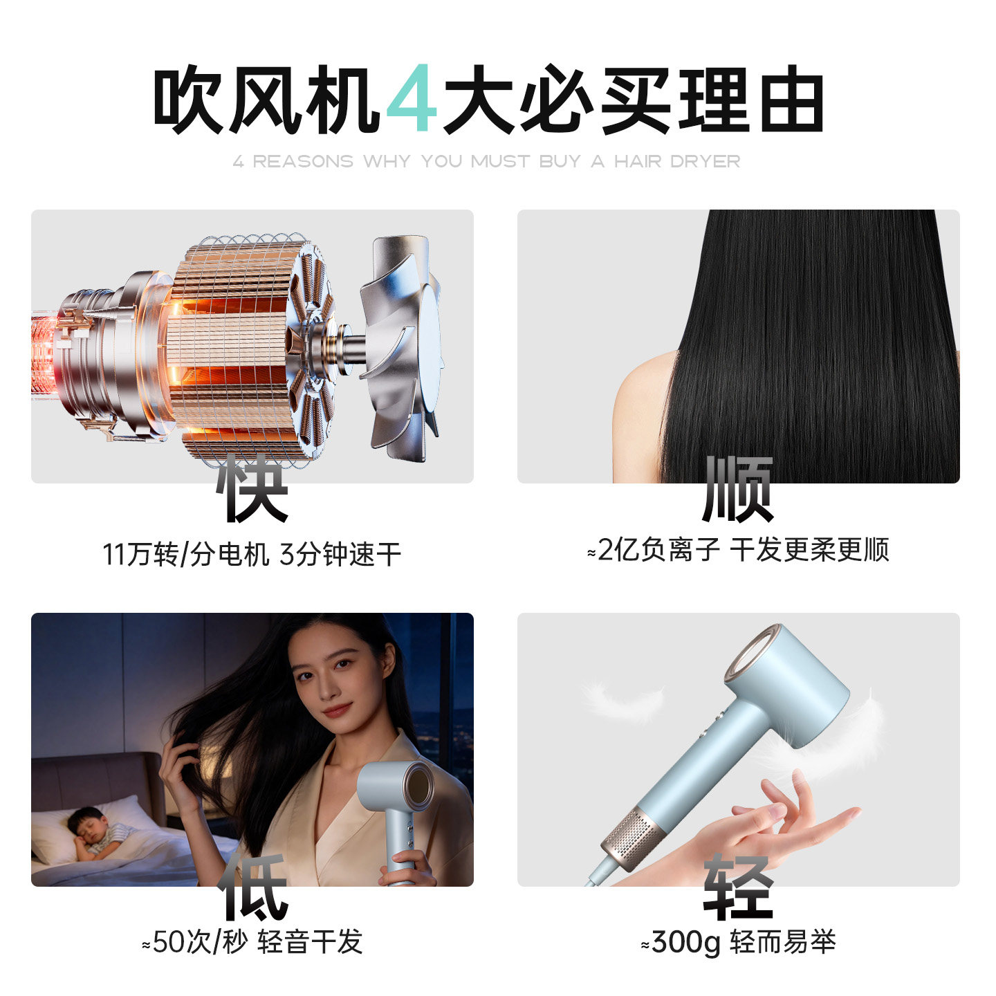 Creade宿舍用学生高速吹风机负离子护发速干低小功率800W电吹风筒