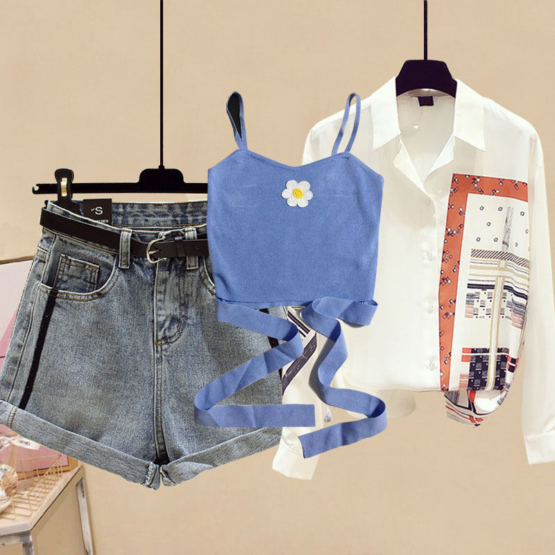 夏季新款小雏菊针织吊带+雪纺高腰 秋革时尚套装