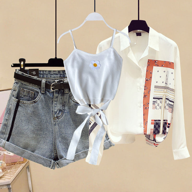 夏季新款小雏菊针织吊带+雪纺高腰 秋革时尚套装