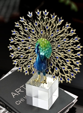2024高档珐琅工艺品水晶摆件轻奢家居装饰品乔迁礼品摆件孔雀开屏