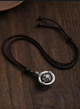 泰银配色平安扣吊坠男女复古纯手工六字真言幸运珠固口项链挂坠