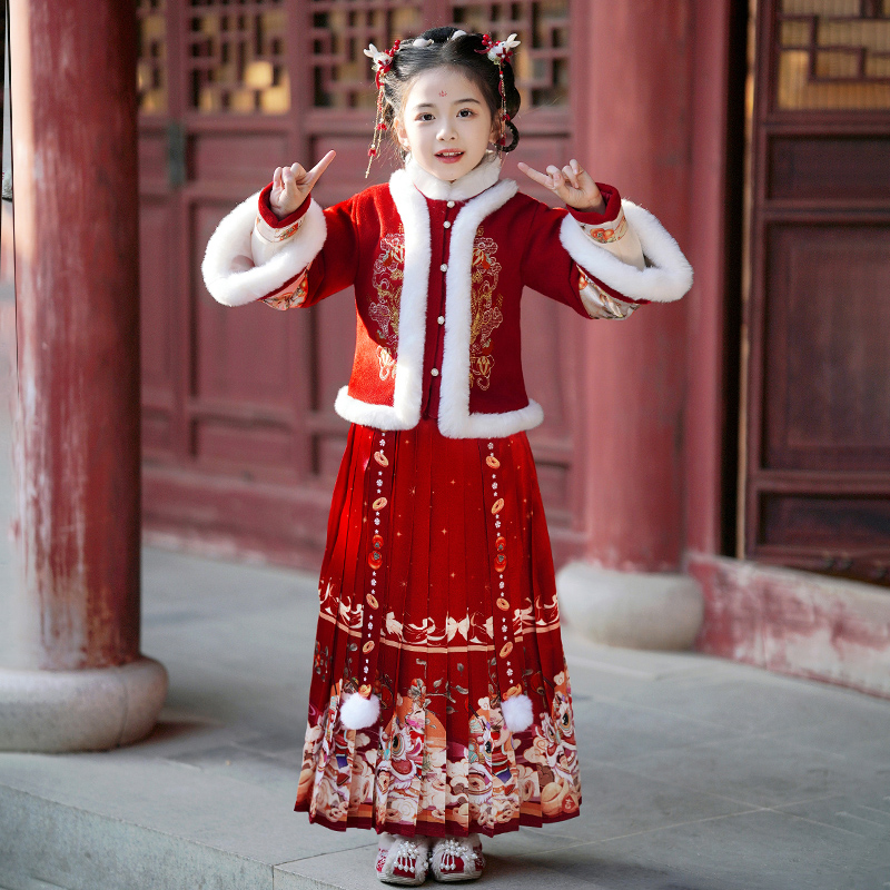 汉服女童冬季儿童拜年服连衣裙马面裙秋冬新年衣服过年服裙子冬装 - 图1