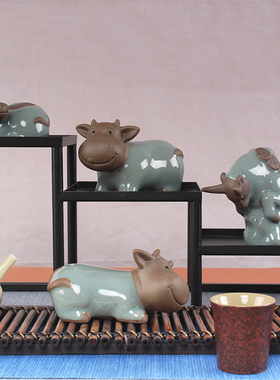 紫砂生肖牛转运摆放客厅桌面装饰