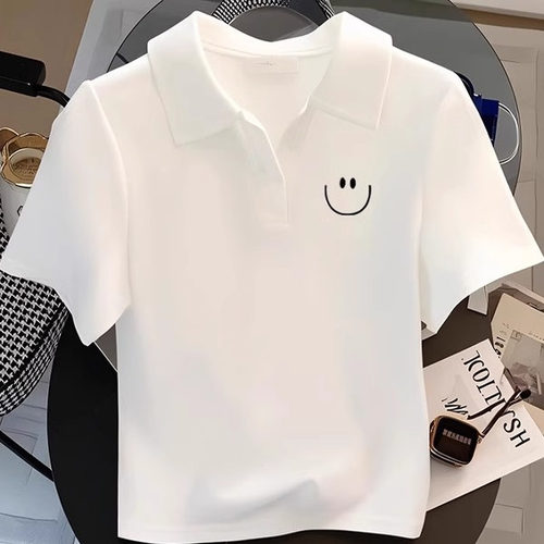 欧货正肩POLO领白色短袖T恤女夏2026新款修身纯棉打底衫短款上衣 - 图1