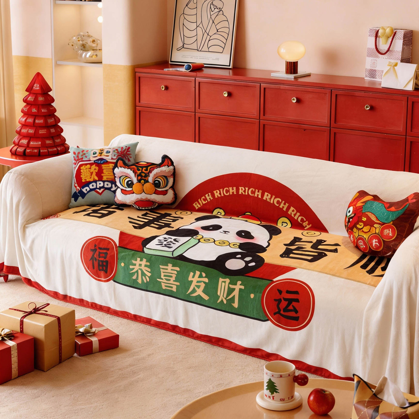 敏顺国潮新年沙发盖布过年氛围感沙发毯卡通现代沙发套罩防猫抓,淘宝优惠券,粉丝福利购,淘宝优惠卷
