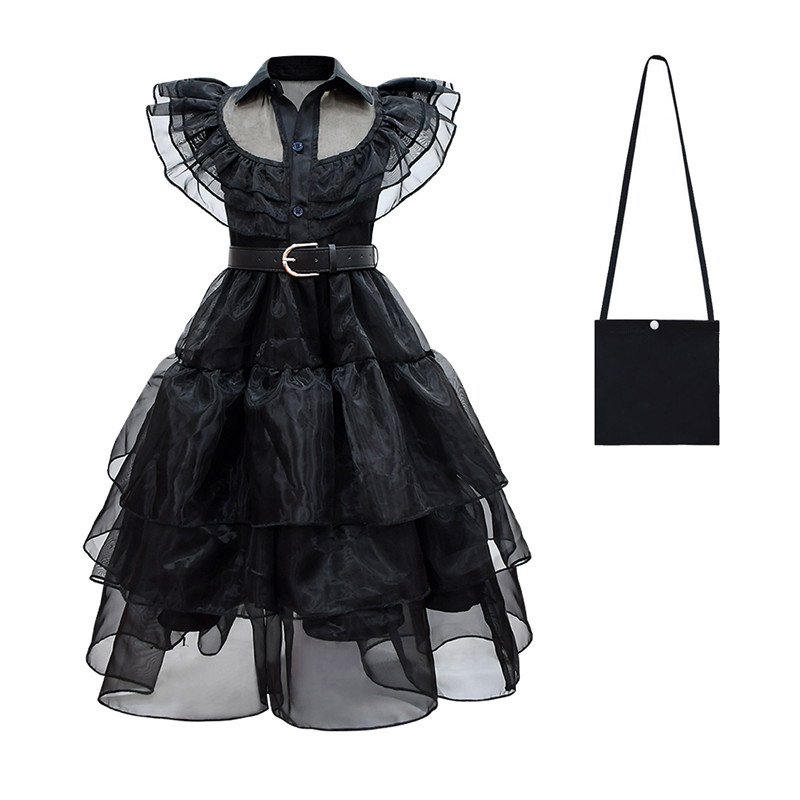 亚当斯一家万圣节服装惊吓星期三cosplay女童公主裙黑色晚礼服-图0