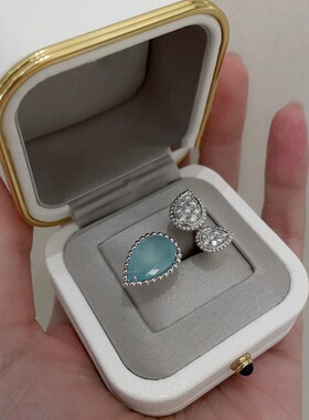 纯银镀18k玫瑰金水滴海水蓝玉髓戒指女开口镶钻款指环轻奢高级感