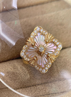 歌剧院四叶草戒指女纯银镀18K金复古拉丝白贝母单花轻奢高级感款