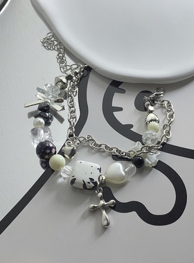 满五送一 原创DIY辣妹y2k春夏甜美陶瓷爱心双层十字架串珠手链