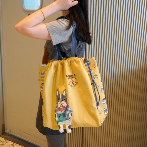 出口日本帆布包女手提袋大容量抽绳束口单肩包通勤学生布袋包 - 图3