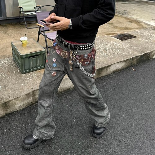 Start美式设计感宽松3D印花腰带牛仔裤男做旧复古直筒微喇阔腿裤 - 图0