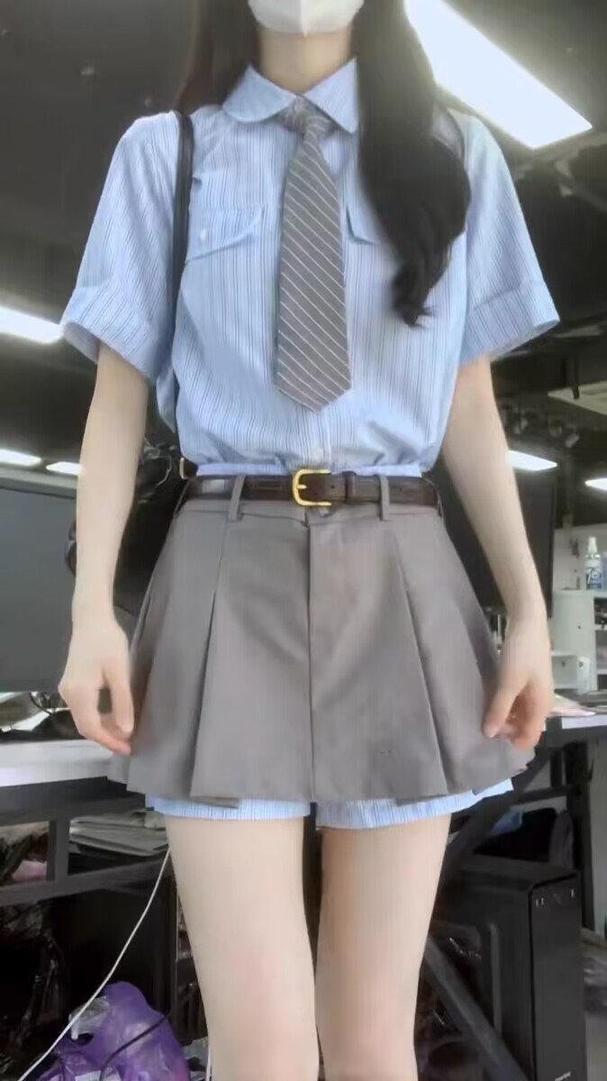 夏季盐系穿搭炸街小个子网红减龄学院风jk制服衬衫两件套装裙子女 - 图1