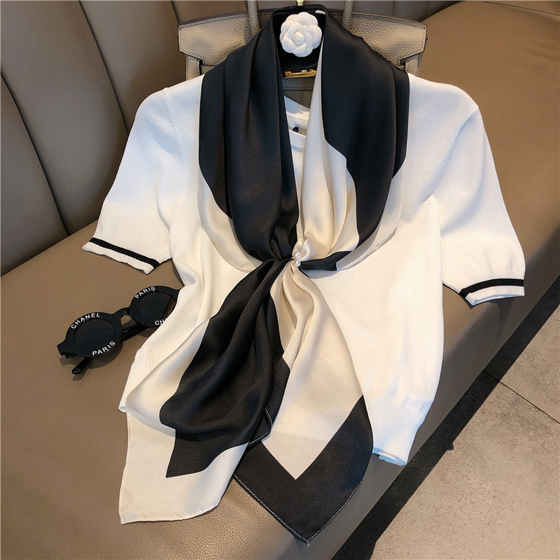 时岚旗舰店夏季薄款90x90cm大方巾女仿真丝巾百搭黑白装饰方巾防晒披肩围巾2