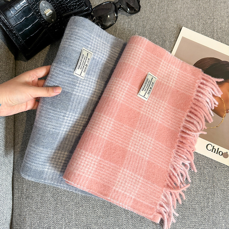 纯羊毛100%时尚格纹100%纯羊毛围巾女秋冬保暖流苏披肩百搭高级感,淘宝优惠券,粉丝福利购,淘宝优惠卷