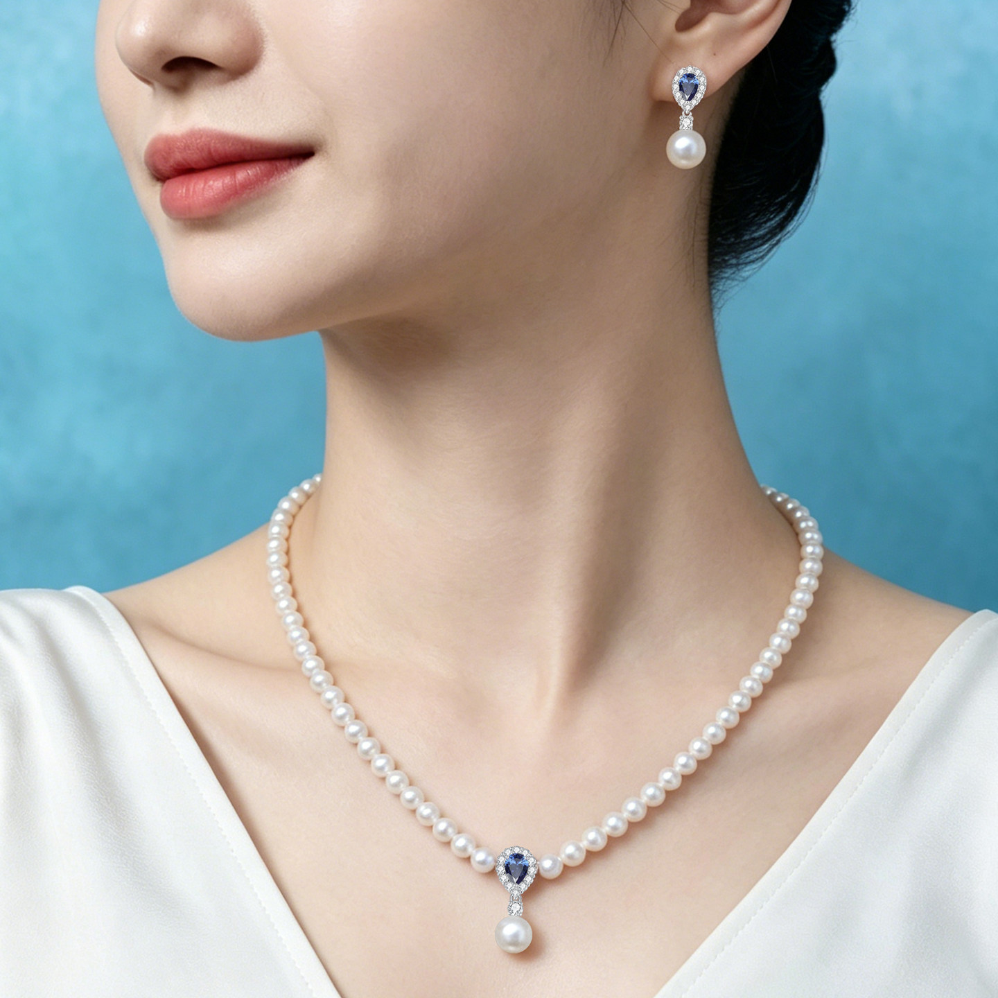 周大生珍挚蓝宝珍珠项链纯银S925轻奢耳钉高级感母亲节礼物送妈妈