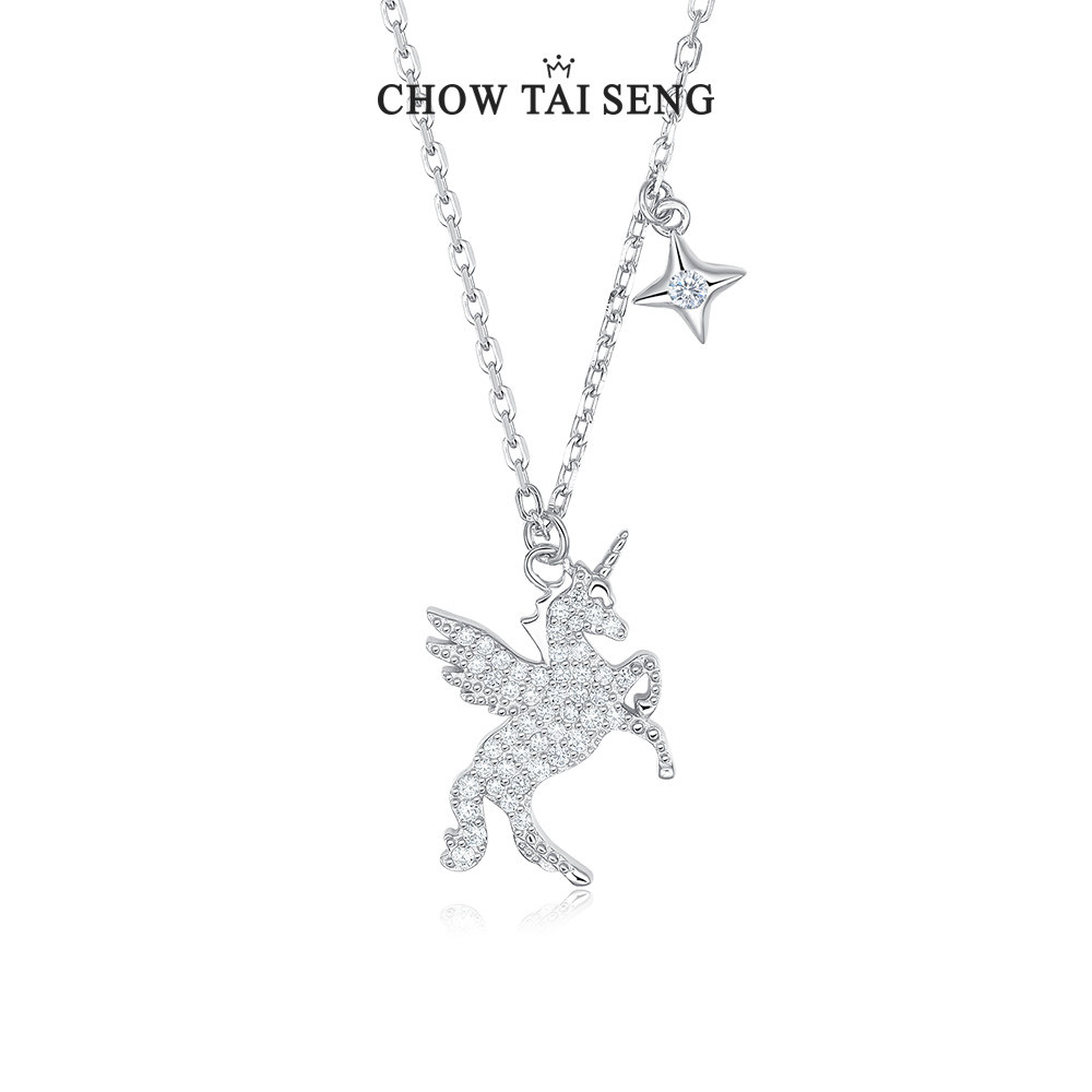 周大生炫彩独角兽女吊坠纯银锁骨链 周大生饰品项链