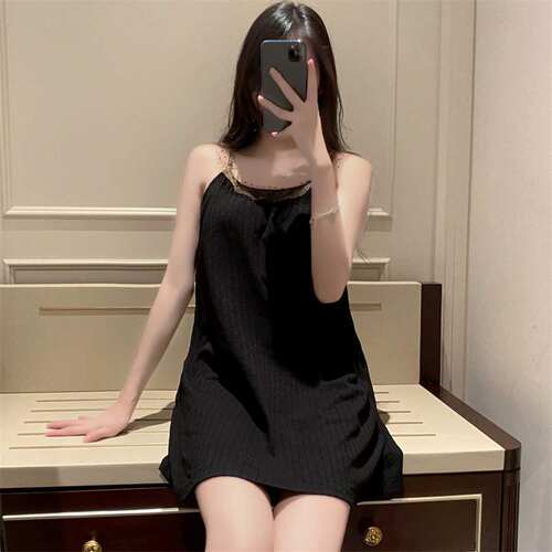 纯棉带胸垫睡衣女夏季纯欲风吊带睡裙女家居服休闲甜美中长裙 - 图2