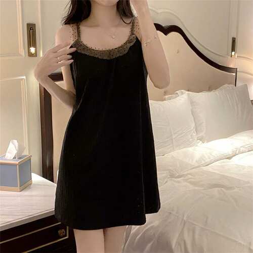 纯棉带胸垫睡衣女夏季纯欲风吊带睡裙女家居服休闲甜美中长裙 - 图0