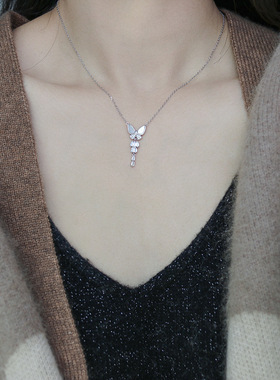 坠链均S925银合成锆石天然贝壳蝴蝶项链精致复古锁骨链