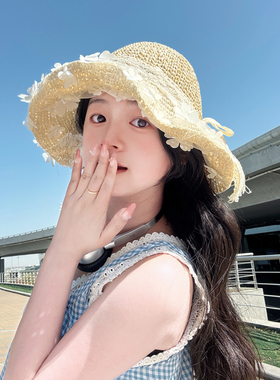 2025新款法式草帽女夏季海边帽子沙滩夏天蕾丝草编遮阳防晒太阳帽