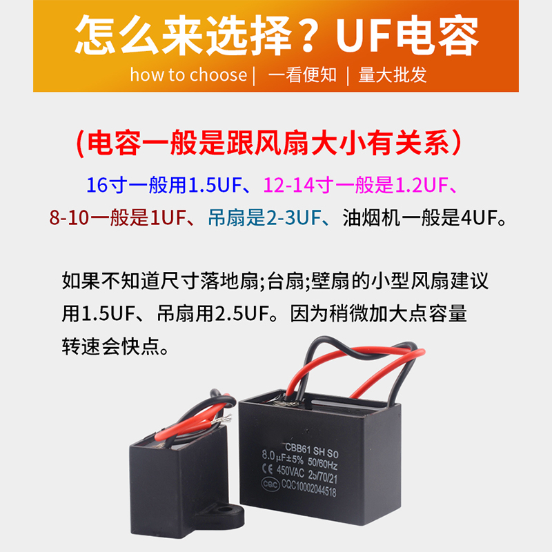 CBB61电风扇启动电容1.2/1.5/1.8/2/2.2/2.5/3/4/5UF吊扇通用450V - 图1