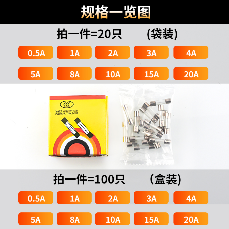 保险丝5*20mm玻璃保险丝管250V 0.5A 1A 2A 3A 4A 5A 8A 10A 20A - 图3