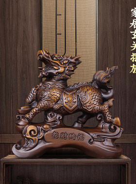 实木雕刻招财麒麟摆件一对