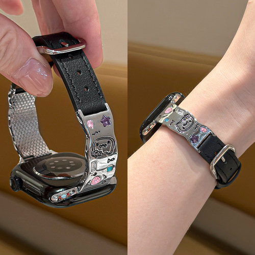 适用applewatchS12彩石水钻猫咪小牛皮细款表带iwatch11/10/9/8/SE手镯款小蛮腰苹果手表皮拼金属可爱腕带女 - 图3