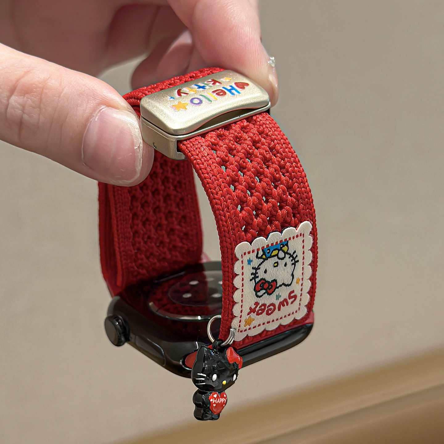 适用苹果手表KT猫尼龙编织磁吸表带applewatchS11/10/9/8可爱卡通挂饰吊坠iWatch新款SE透气Ultra运动腕带女 - 图0