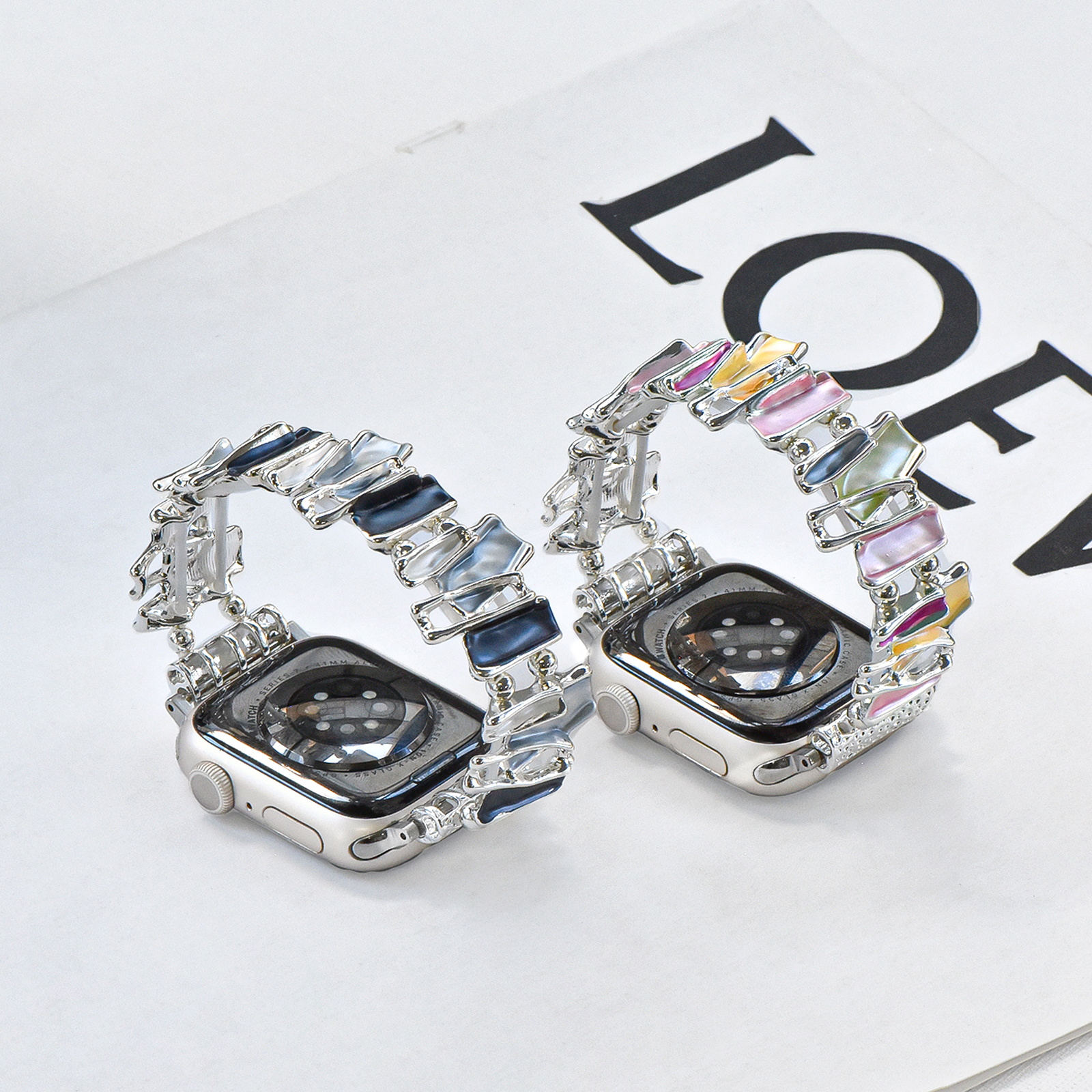 适用AppleWatch不规则方块弹力表带S9/10苹果手表一体金属链条表带iwatch新款8/7/6高级创意彩色SE代女款夏日 - 图3