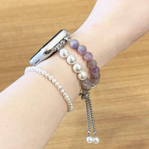 适用applewatchS10紫色珍珠人造水晶串珠表带iWatch9876SE高级感弹力双链可调节苹果手表S11仿玛瑙石腕带女夏 - 图3