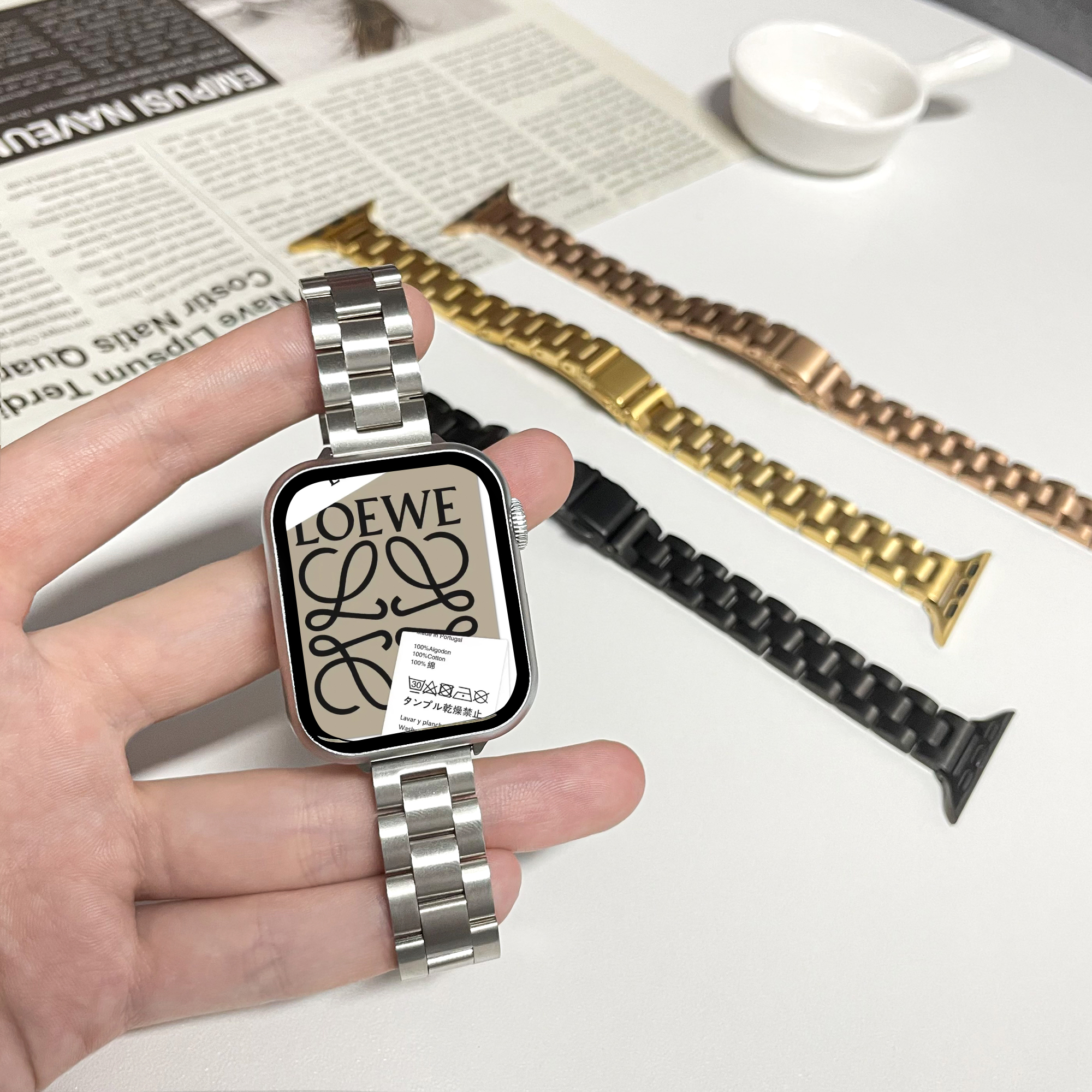 适用苹果手表星光色表带applewatchS9小蛮腰纤细金属不锈钢表带iwatch8/7/6/5/4/3/SE代细款女表带壳41/45mm-图0