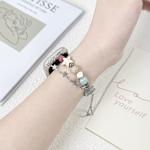 【小行星】适用applewatch彩石S10/9表带iwatchS11星星串珠手链表带苹果手表SE/8/7/6/5创意双链可调节表带女 - 图0