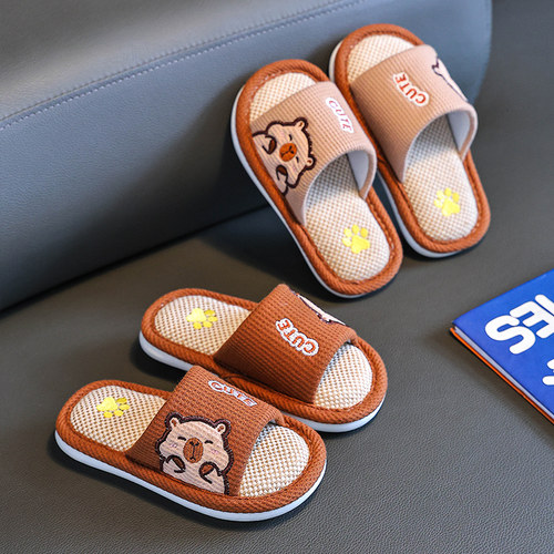 儿童拖鞋男童春秋可爱室内防滑亲子小男孩四季宝宝亚麻布拖鞋女童 - 图1